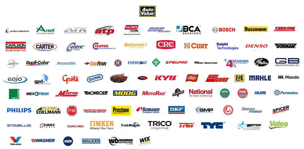 Logos for manufactures associated with Auto Value that CC Auto Parts and Service offers